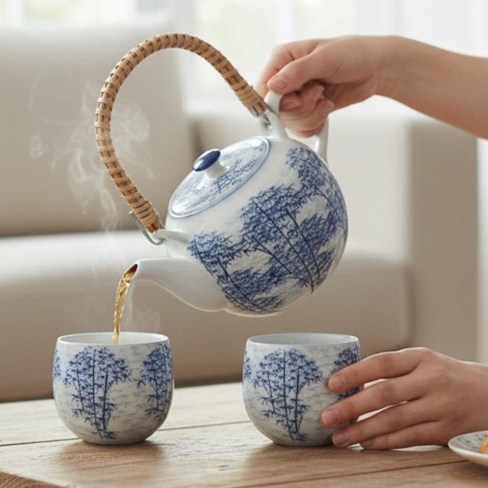 VTG Japanese Tea Set Blue And White Bamboo Scenery 3pc MCM Decor